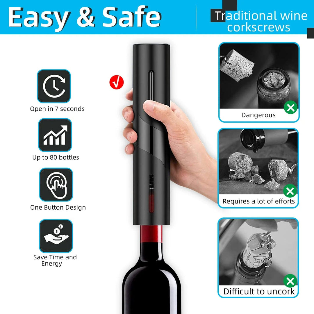 Automatic Electric Wine Opener with Corkscrew; Battery-Powered Bottle Opener and Foil Cutter