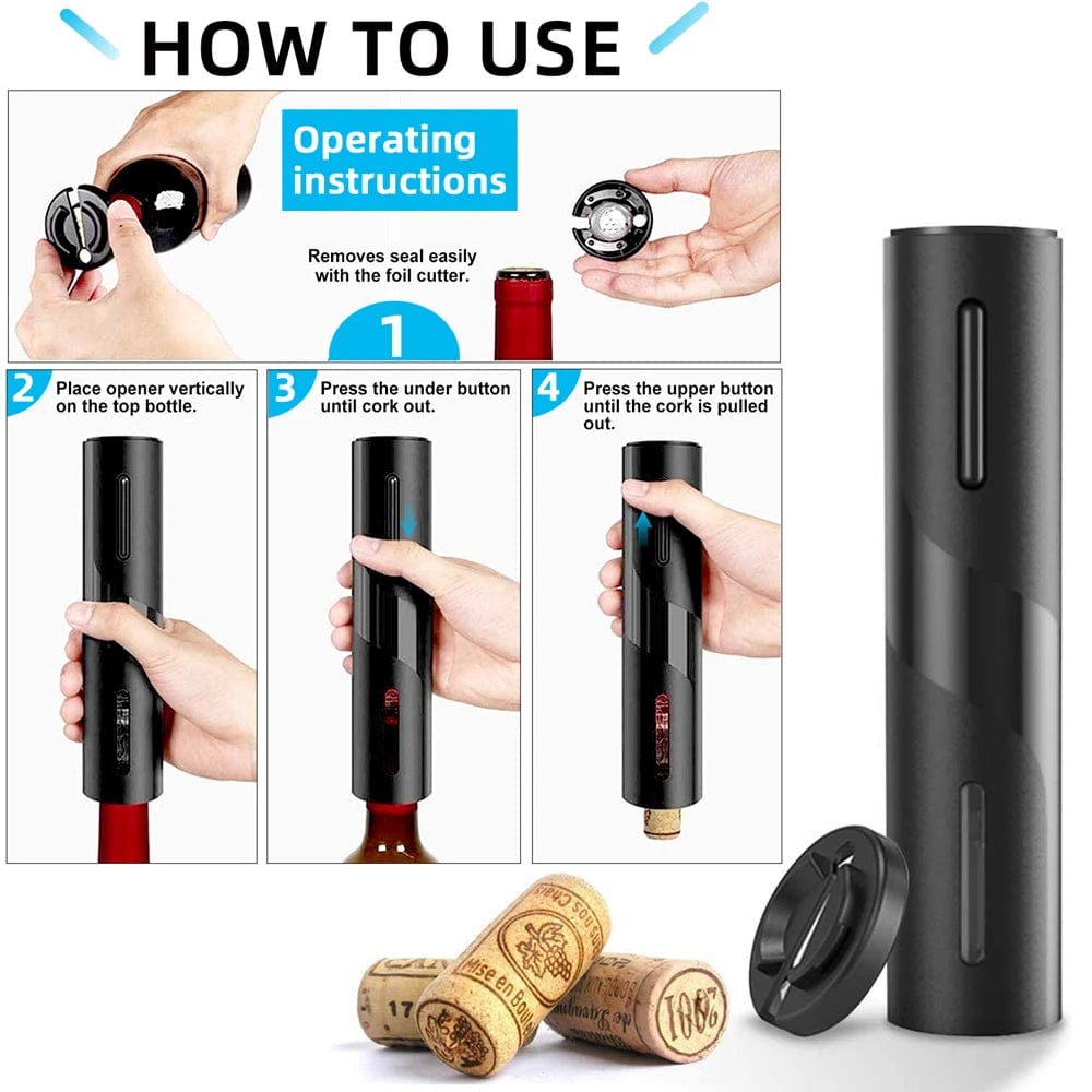 Automatic Electric Wine Opener with Corkscrew; Battery-Powered Bottle Opener and Foil Cutter