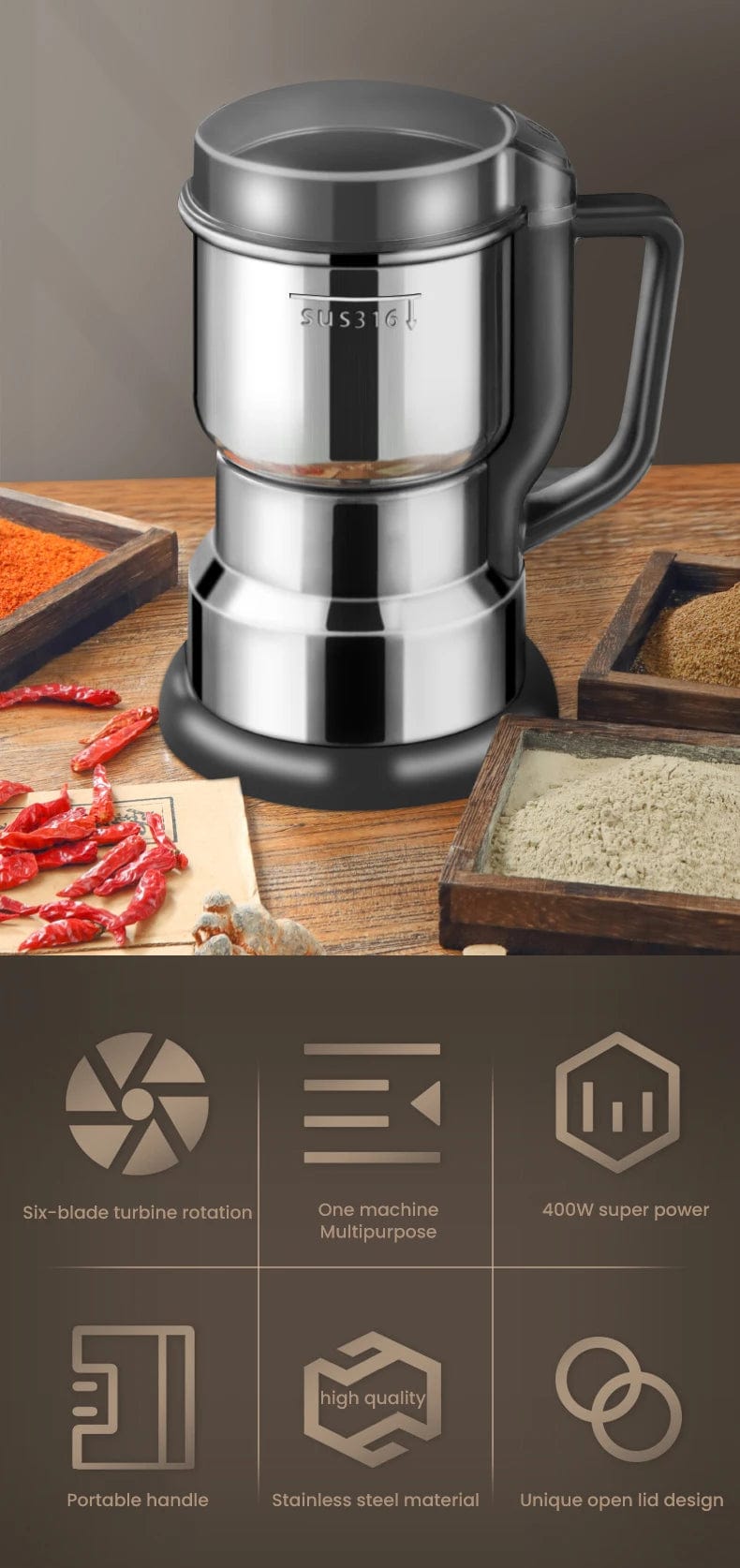 400W 304/316 Stainless Steel High-power Coffee Bean Grinder; Cereal Nuts and Beans Spices Grinder