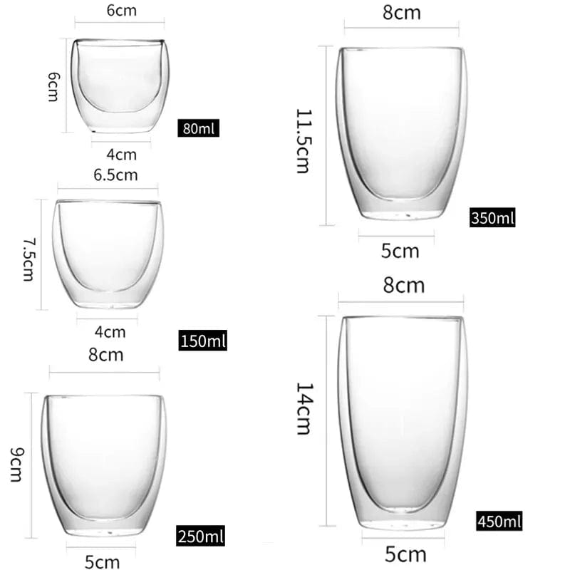 Insulated Double Wall Glass Coffee Mugs; 5 Sizes 6 Pack Clear Cups Set for Bar, Tea, Milk, Juice, Water, Espresso Shots