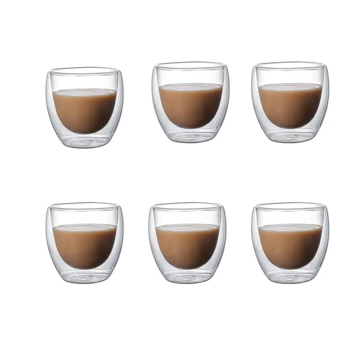 Insulated Double Wall Glass Coffee Mugs; 5 Sizes 6 Pack Clear Cups Set for Bar, Tea, Milk, Juice, Water, Espresso Shots